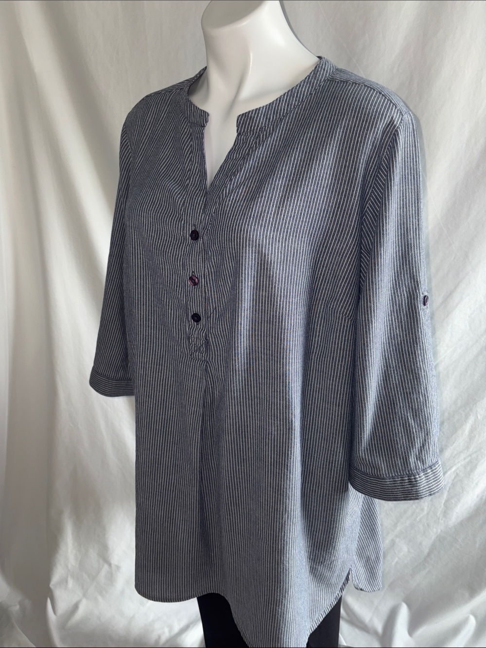 ellos Navy and White Pinstripe Henley Button-Front Shirt